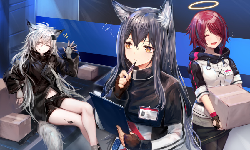 3girls :d ^_^ ahoge animal_ear_fluff animal_ears arknights bangs bare_legs black_capelet black_gloves black_hair black_jacket black_legwear black_shorts black_skirt box breasts brown_eyes capelet cardboard_box closed_eyes commentary_request cowboy_shot earrings exusiai_(arknights) eyebrows_visible_through_hair feet_out_of_frame fingerless_gloves flying_sweatdrops gloves grey_eyes grey_gloves grin hair_between_eyes hair_ornament hair_over_one_eye hairclip halo hand_up high_collar highres holding holding_box holding_pen id_card indoors jacket jewelry lappland_(arknights) long_hair long_sleeves looking_at_viewer miniskirt multiple_girls navel one_eye_closed open_mouth ore_lesion_(arknights) pantyhose pen raglan_sleeves red_hair scar scar_across_eye short_shorts short_sleeves shorts silver_hair sitting skirt small_breasts smile standing sukemyon sweat tail texas_(arknights) thighs upper_body very_long_hair white_jacket wide_sleeves wolf_ears wolf_tail