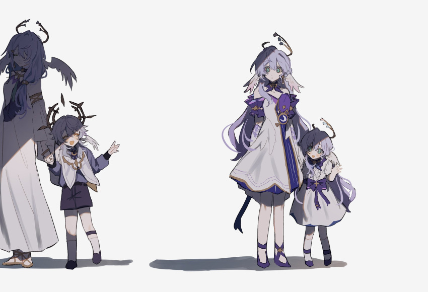 1boy 3girls :d :| age_comparison black_shorts blue_hair closed_eyes closed_mouth detached_collar detached_sleeves dot_nose dress expressionless facing_viewer green_eyes grey_hair hair_between_eyes hair_over_shoulder halo head_wings highres honkai:_star_rail honkai_(series) inagoinaire kneehighs long_dress long_hair long_sleeves looking_at_another low-tied_long_hair mother_and_daughter mother_and_son multiple_girls open_hand open_mouth purple_footwear purple_shirt purple_sleeves robin_(honkai:_star_rail) shadow shirt shoes short_hair_with_long_locks short_sleeves shorts sidelocks simple_background smile socks strapless strapless_dress sunday_(honkai:_star_rail) time_paradox waving white_background white_dress white_socks wings