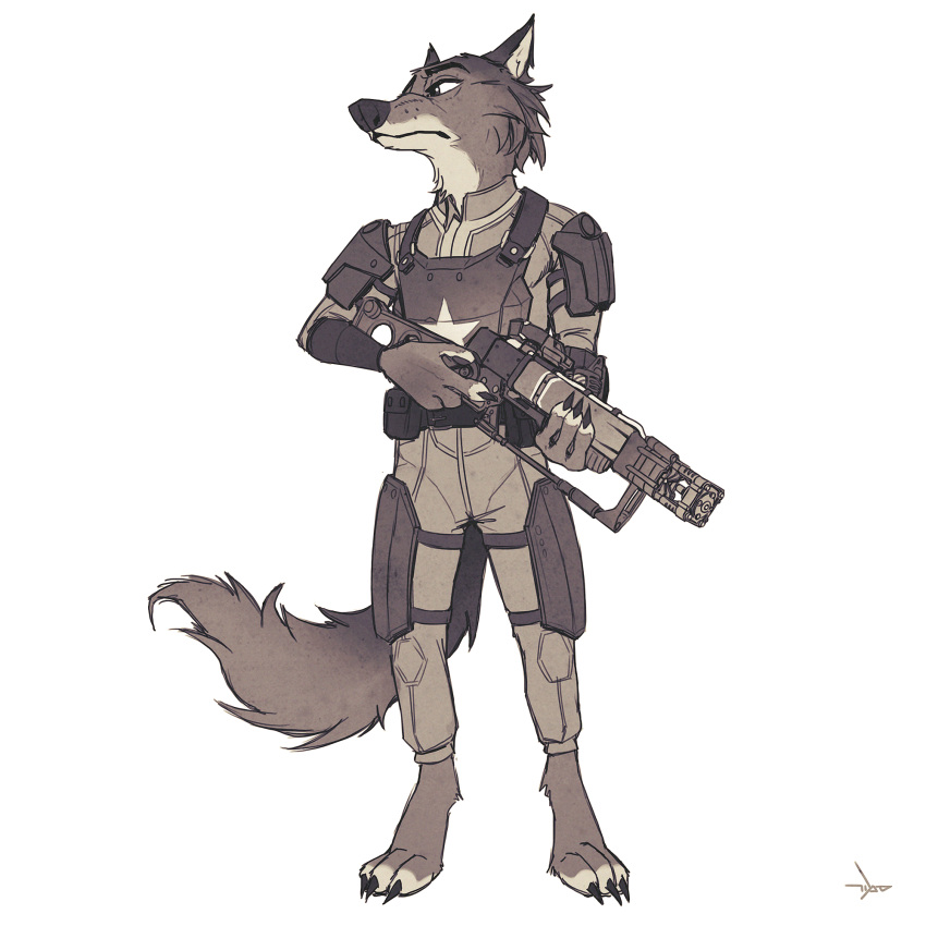 1:1 2020 ankle_tuft anthro armor barefoot belt bethesda_softworks body_armor bulletproof_vest canid canine canis cheek_tuft claws clothed clothing digitigrade facial_tuft fallout front_view hi_res holding_object holding_weapon laser_gun laser_rifle leg_tuft looking_away male mammal monochrome neck_tuft ranged_weapon samur_shalem sepia shoulder_guards signature simple_background solo standing toe_claws trigger_discipline tuft utility_belt vault_suit video_games weapon white_background wolf