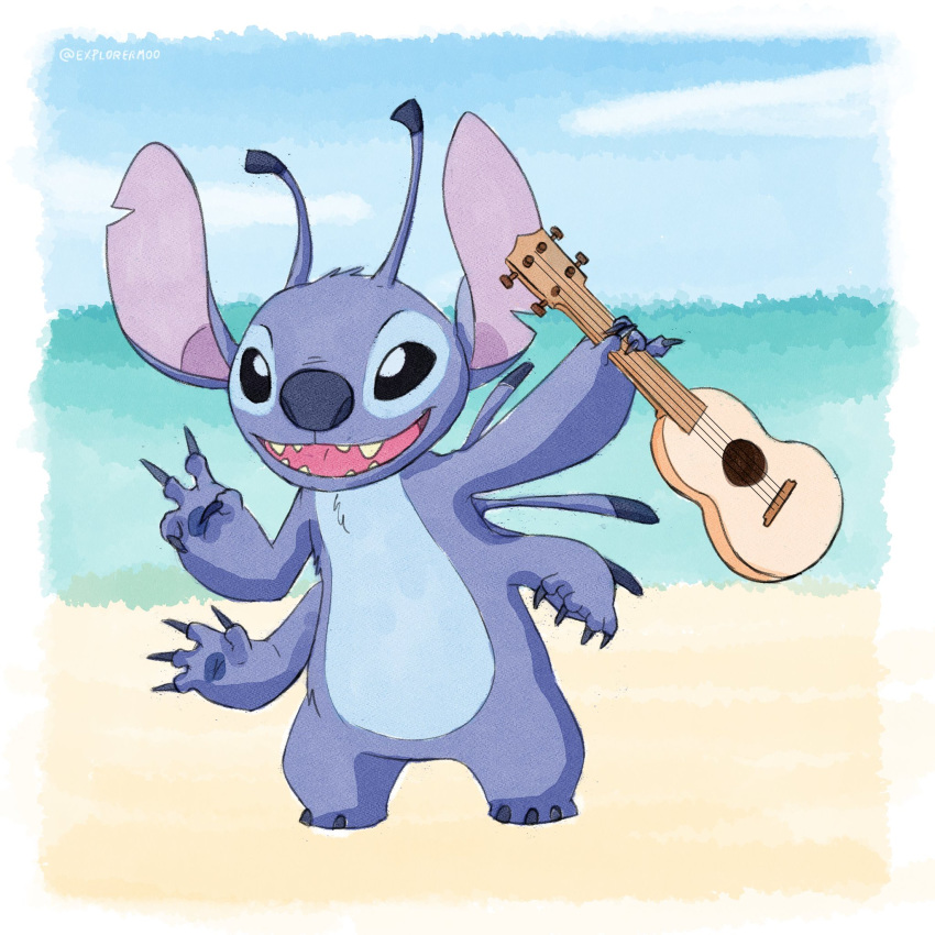 1:1 2020 4_fingers alien antennae_(anatomy) beach black_eyes blue_body blue_claws blue_fur blue_nose blue_pawpads breasts claws disney experiment_(lilo_and_stitch) explorermoo feathers fingers fur gesture guitar happy hi_res holding_object lilo_and_stitch male multi_arm multi_limb musical_instrument open_mouth pawpads plucked_string_instrument seaside smile solo standing stitch_(lilo_and_stitch) string_instrument teeth toe_claws tongue v_sign