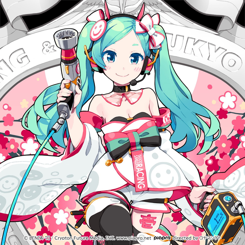 aqua_hair banner black_legwear bow bowtie cherry_blossoms copyright_name cowboy_shot detached_collar detached_sleeves dress goodsmile_racing haregi hatsune_miku headset highres holding impact_wrench japanese_clothes leg_up lena_(zoal) long_hair looking_at_viewer official_art piapro racing_miku_(2020) shorts sleeveless sleeveless_dress smile smiley_face strapless strapless_dress thigh_tattoo thighhighs twintails vocaloid white_dress white_sleeves