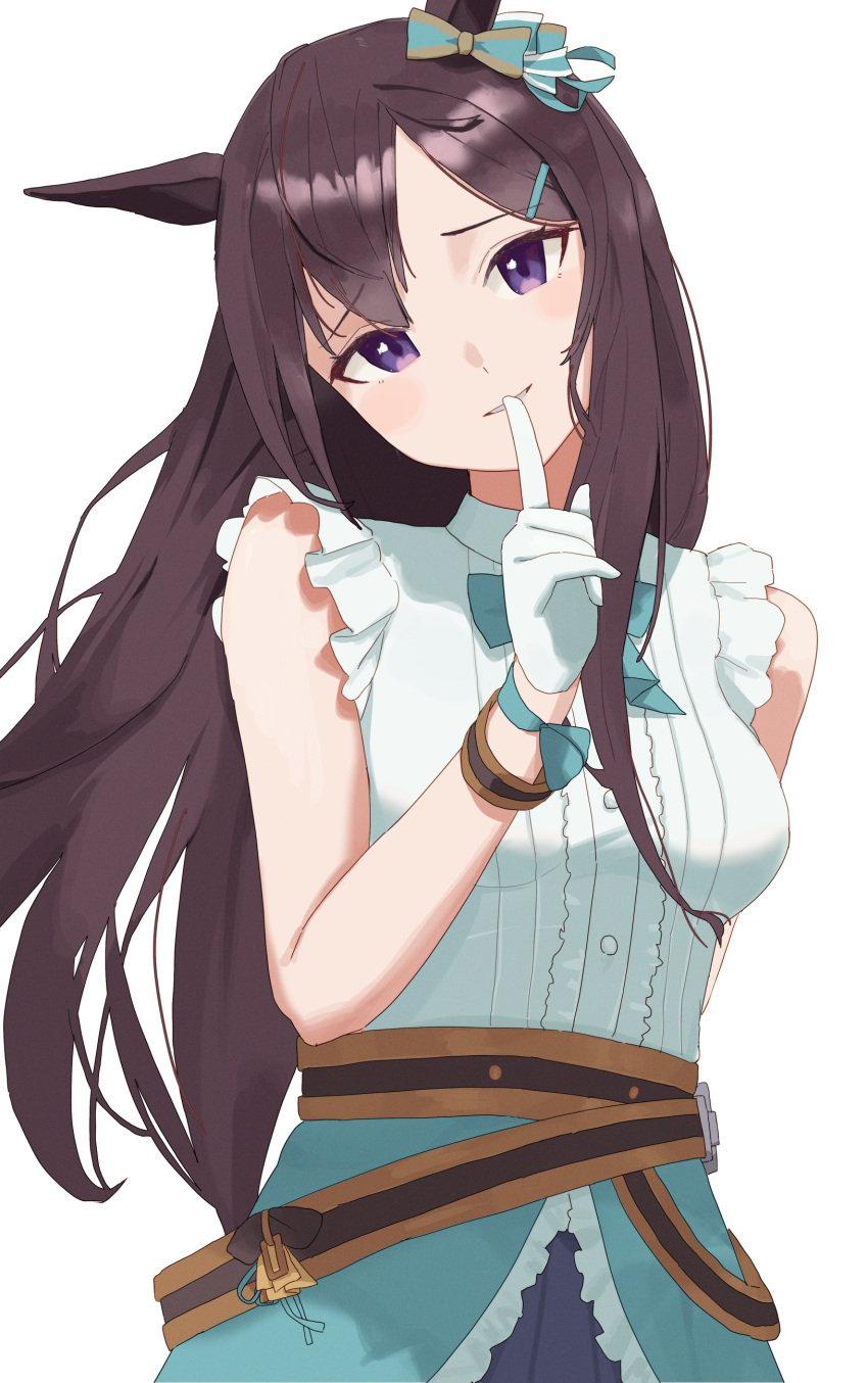 1girl absurdres animal_ears asobi_nin bow brown_hair ear_bow gloves highres horse_ears horse_girl long_hair mejiro_dober_(umamusume) purple_eyes shirt sleeveless sleeveless_shirt smile solo umamusume upper_body white_gloves white_shirt