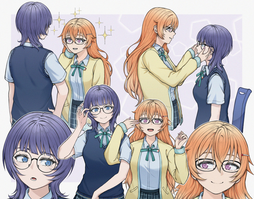 2girls absurdres adjusting_another's_eyewear adjusting_eyewear asaka_karin bespectacled blue_eyes blue_hair blue_shirt blue_skirt blunt_bangs breasts cardigan closed_mouth collared_shirt commentary_request glasses green_ribbon hair_between_eyes hand_on_own_cheek hand_on_own_face highres konoe_kanata locked_arms long_hair long_sleeves looking_at_another love_live! love_live!_nijigasaki_high_school_idol_club mayo_e medium_breasts multiple_girls multiple_views neck_ribbon nijigasaki_academy_school_uniform open_cardigan open_clothes open_mouth orange_hair purple_eyes ribbon round_eyewear school_uniform shirt short_hair side-by-side skirt sparkle standing summer_uniform upper_body yellow_cardigan