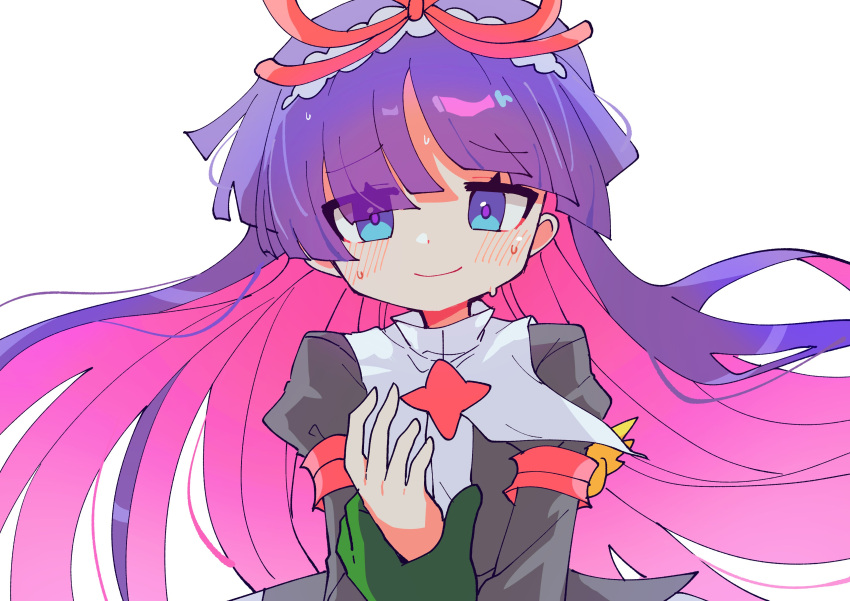 1girl absurdres blue_eyes blunt_bangs blush closed_mouth disembodied_limb feli_(puyopuyo) highres long_hair long_sleeves offbeat purple_hair puyopuyo simple_background smile solo sweat white_background