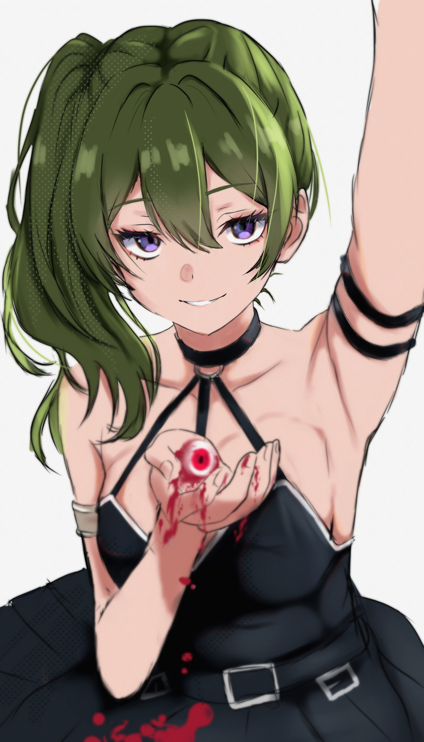 1girl absurdres arm_strap arm_up armpits belt black_belt black_dress blood blood_on_clothes breasts choker dress english_commentary green_hair highres holding_eyeball jomizumi large_breasts long_hair looking_at_viewer o-ring o-ring_choker parted_lips purple_eyes side_ponytail simple_background smile solo sousou_no_frieren suspenders_hanging ubel_(sousou_no_frieren) white_background