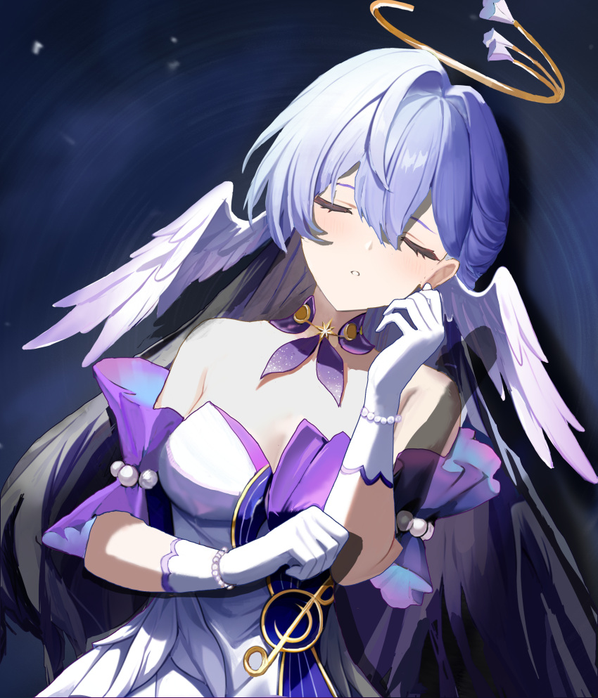 1girl absurdres bare_shoulders bead_bracelet beads bracelet closed_eyes detached_sleeves dress facing_viewer gloves hair_between_eyes halo hand_up head_wings highres hollow_(user_sjgk2872) honkai:_star_rail honkai_(series) jewelry long_hair lying on_back parted_lips purple_dress purple_hair robin_(honkai:_star_rail) short_sleeves solo white_dress white_gloves white_wings wings