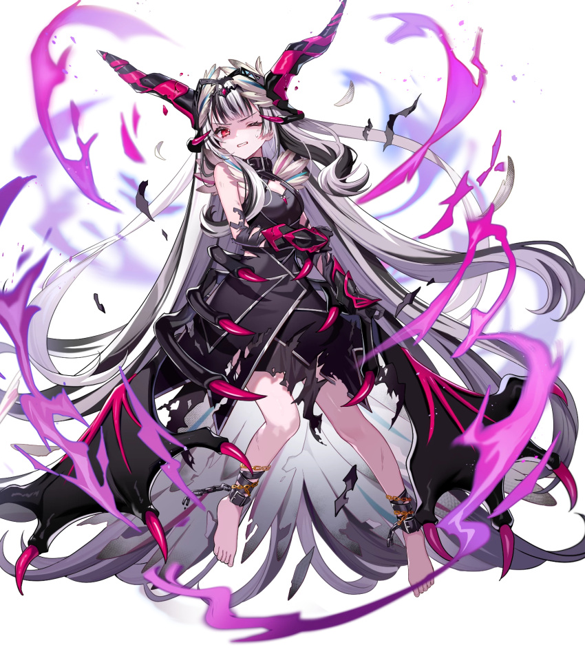 1girl absurdly_long_hair alternate_eye_color anklet barefoot black_dress black_gloves black_hair breasts clenched_teeth crown cuffs damaged dress feather_trim fire_emblem fire_emblem_engage fire_emblem_heroes gloves highres jewelry long_hair multicolored_hair non-web_source official_alternate_costume official_alternate_eye_color official_art one_eye_closed red_eyes shackles small_breasts solo streaked_hair teeth torn_clothes torn_dress very_long_hair veyle_(fell_successor)_(fire_emblem) veyle_(fire_emblem) white_hair