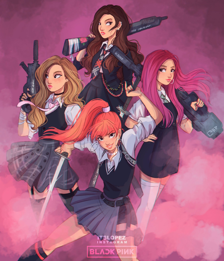 4girls animification black_choker blackpink blunt_bangs brown_hair choker collared_shirt colored_smoke copyright_name earrings english_commentary glint gun highres holding holding_gun holding_sword holding_weapon hoop_earrings instagram_username itslopezz jennie_(blackpink) jewelry jisoo_(blackpink) k-pop light_brown_hair lisa_(blackpink) long_hair looking_at_viewer looking_to_the_side multiple_girls necklace necktie pearl_necklace pink_hair pink_lips ponytail real_life rose_(blackpink) sheath shirt shorts skirt smile smoke sword unsheathing weapon white_shirt