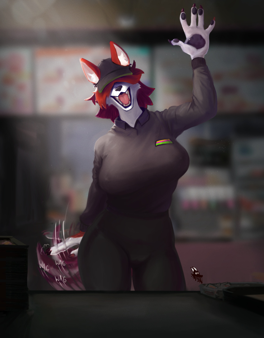 anthro bottomwear breasts burger canid canine canis clothed clothing condiment condiment_container counter digital_media_(artwork) domestic_dog fast_food female food fur gesture hair hair_over_eyes hi_res looking_at_viewer mammal motion_lines newd open_mouth pawpads red_body red_fur red_hair smile solo tail tail_motion tailwag teeth tight_bottomwear tight_clothing tongue topwear uniform waving waving_at_viewer white_body white_fur