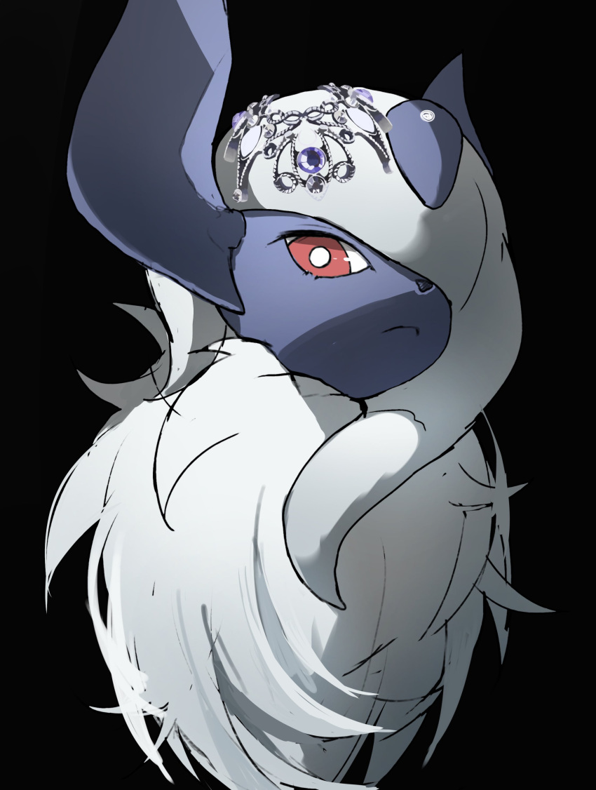 absol absurdres black_background black_skin body_fur colored_skin hair_over_one_eye highres looking_at_viewer mega_absol pokemon pokemon_(creature) red_eyes reo_(mmocc123) simple_background sketch solo tiara upper_body white_fur