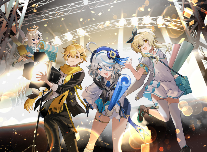 1boy 3girls :d aether_(genshin_impact) ahoge beret black_jacket blonde_hair blue_eyes blue_hat brother_and_sister clapperboard commentary_request furina_(genshin_impact) genshin_impact hat hayama_eishi highres jacket long_braid long_hair looking_at_viewer lumine_(genshin_impact) multiple_girls official_art paimon_(genshin_impact) scarf shirt shorts siblings smile standing thighhighs very_long_hair white_hair white_shirt white_shorts white_thighhighs yellow_eyes yellow_scarf