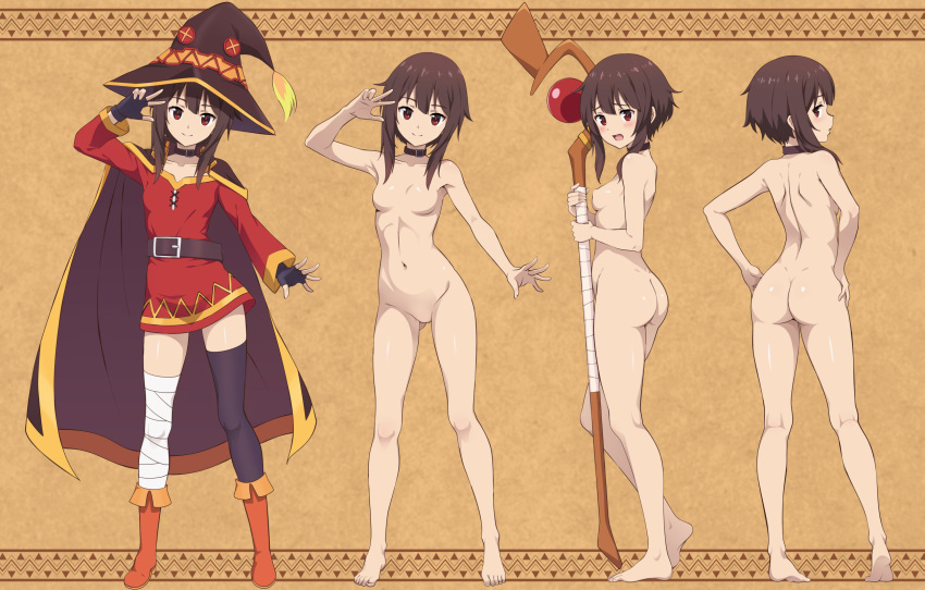 1girl ass asymmetrical_legwear bandaged_leg bandages black_cape black_thighhighs breasts brown_hair button_eyes buttons cape commentary_request completely_nude dress fingerless_gloves gloves hat highres holding holding_staff kono_subarashii_sekai_ni_shukufuku_wo! looking_at_viewer megumin mismatched_legwear nanikairu navel nipples nude red_dress red_eyes short_hair_with_long_locks simple_background single_thighhigh small_breasts smile staff thighhighs witch_hat