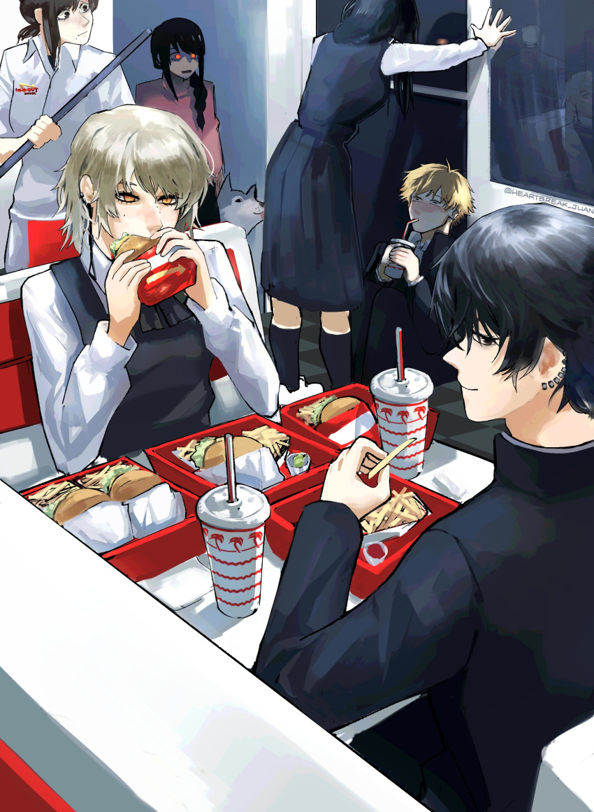 2boys 4girls absurdres black_eyes black_hair blonde_hair blush braid burger chainsaw_man commentary cup denji_(chainsaw_man) disposable_cup dress drinking ear_piercing earrings eating employee_uniform english_commentary fami_(chainsaw_man) food fourth_east_high_school_uniform french_fries gakuran hair_over_shoulder heartbreak_juan higashiyama_kobeni highres holding holding_burger holding_food in-n-out_burger jewelry kabedon medium_dress mitaka_asa mole mole_under_eye mole_under_mouth multiple_boys multiple_earrings multiple_girls multiple_moles nayuta_(chainsaw_man) orange_eyes piercing pinafore_dress pleated_dress polo_shirt ponytail school_uniform single_braid sitting sleeveless sleeveless_dress table uniform yoshida_hirofumi