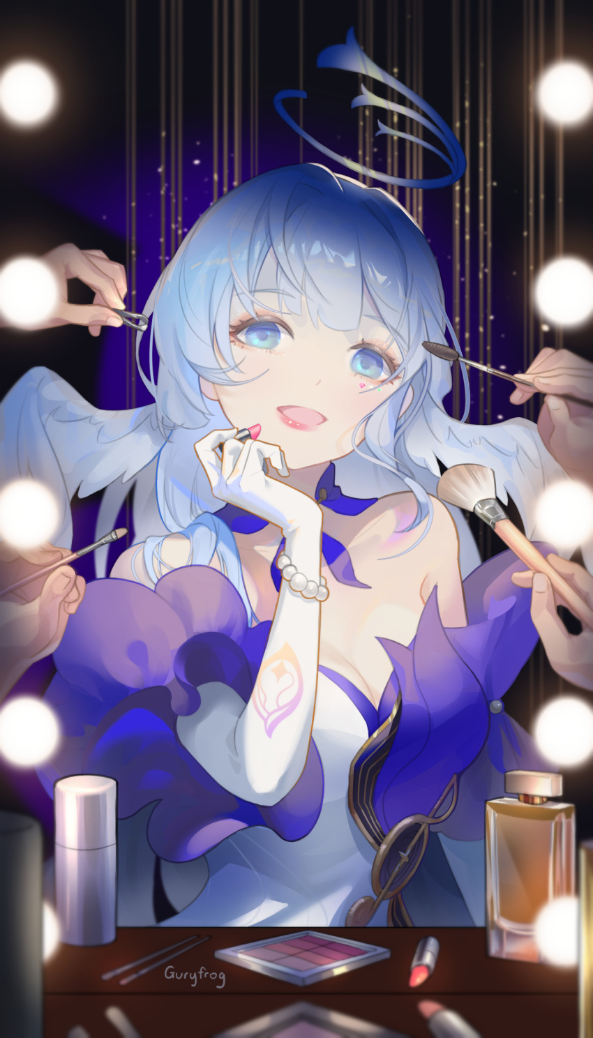 1girl :d bare_shoulders bead_bracelet beads blue_eyes blue_hair bracelet commentary dress gloves guryfrog hand_up head_tilt highres holding honkai:_star_rail honkai_(series) jewelry looking_at_viewer off-shoulder_dress off_shoulder open_mouth pink_lips robin_(honkai:_star_rail) smile solo_focus upper_body white_dress white_gloves