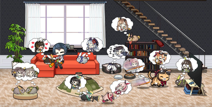 &gt;_&lt; 404_(girls_frontline) 6+girls :3 alternate_costume anger_vein animal_ears anti-rain_(girls_frontline) bangs black_bow black_hair blush book bookshelf bow bowl braid bunny bunny_ears carrot cat cat_ears cat_tail character_request chibi collar commentary controller couch crying crying_with_eyes_open curtains eating english_commentary eyebrows_visible_through_hair eyepatch eyewear_on_head flower g11_(girls_frontline) game_controller girls_frontline gloves green_hair grey_hair guard_rail hair_flower hair_ornament hair_ribbon hat heart highres hk416_(girls_frontline) indoors kalina_(girls_frontline) kalinya kotatsu long_hair m16a1_(girls_frontline) m4_sopmod_ii_(girls_frontline) m4a1_(girls_frontline) megaphone multicolored_hair multiple_girls necktie o_o orange_hair paw_print pencil pet_bed pet_bowl pillow pink_hair plant pot red_ribbon ribbon ro635_(girls_frontline) scar scar_across_eye shelf side_ponytail silver_hair sleeping speed_lines spiral st_ar-15_(girls_frontline) stairs streaked_hair sunglasses table tail tears television the_mad_mimic top_hat ump40_(girls_frontline) ump45_(girls_frontline) ump9_(girls_frontline) white_gloves window zzz