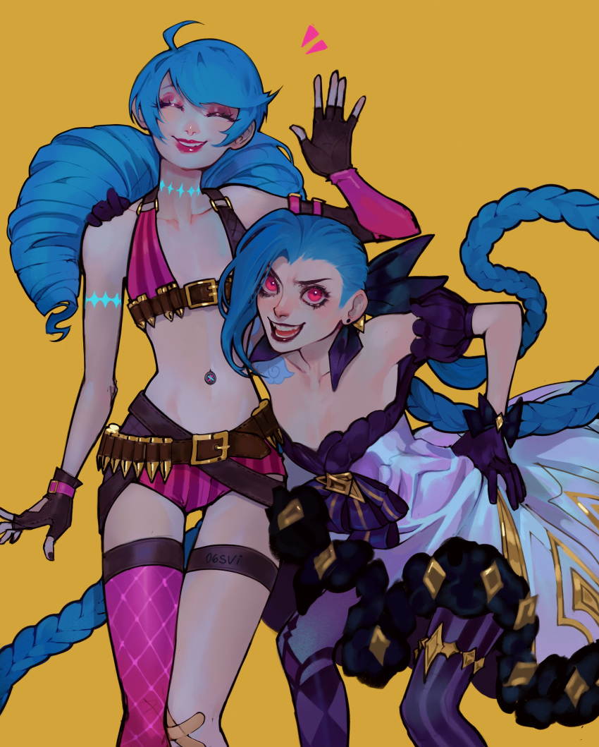 2girls :d absurdres bare_shoulders black_bow black_dress black_gloves blue_hair bow braid breasts cosplay costume_switch cowboy_shot dress fingerless_gloves flat_chest frilled_dress frills gloves grey_dress gwen_(league_of_legends) gwen_(league_of_legends)_(cosplay) hair_bow highres jinx_(league_of_legends) jinx_(league_of_legends)_(cosplay) league_of_legends long_hair looking_at_viewer multiple_girls navel open_mouth simple_background smile standing tattoo thighhighs twintails