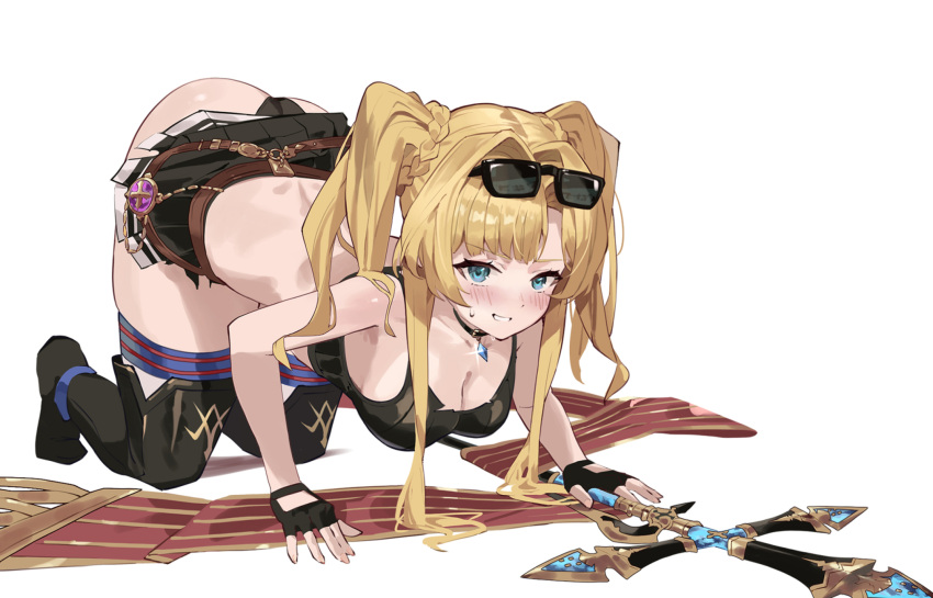 1girl all_fours black_gloves black_panties black_sports_bra black_thighhighs blonde_hair blue_eyes blush braided_twintails breasts cleavage clothes_lift commentary eyewear_on_head fingerless_gloves full_body gloves granblue_fantasy hair_intakes highres looking_at_viewer medium_breasts panties parted_bangs simple_background skindentation skirt skirt_lift solo sports_bra staff sunglasses symbol-only_commentary thigh_strap thighhighs thighs top-down_bottom-up twintails underwear white_background wuzhu_nis zeta_(granblue_fantasy)