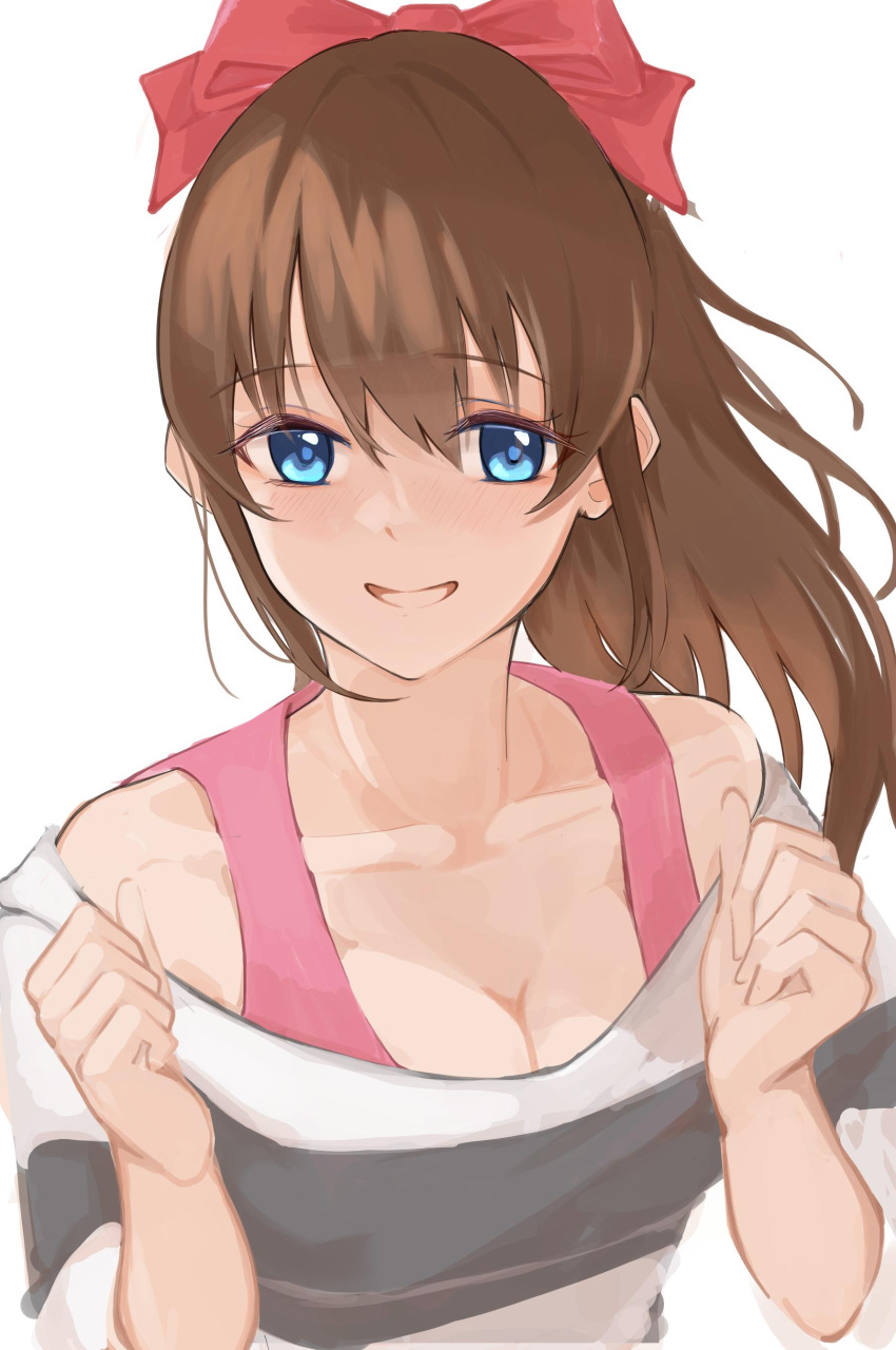 1girl absurdres black_shirt blue_eyes bow breasts brown_hair cleavage clenched_hands collarbone hair_bow hands_up harada_(soft_monja) highres idolmaster idolmaster_million_live! long_hair looking_at_viewer medium_breasts off_shoulder ponytail red_bow satake_minako shirt sidelocks smile solo swept_bangs upper_body white_background