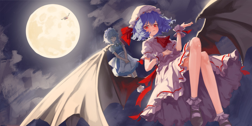 3girls apron ascot bat_wings blue_dress blue_hair bobby_socks closed_eyes closed_mouth cloud commentary_request crossed_legs dress flandre_scarlet full_body full_moon grey_hair grey_socks hand_up hat highres izayoi_sakuya lab2linch long_hair looking_at_viewer maid maid_headdress mary_janes medium_hair mob_cap moon multiple_girls night own_hands_together puffy_short_sleeves puffy_sleeves red_ascot red_eyes remilia_scarlet shoes short_sleeves skirt socks touhou waist_apron white_apron white_skirt wings wrist_cuffs