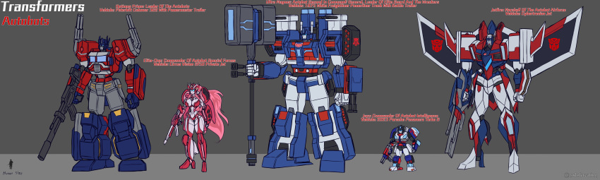 1girl 4boys absurdres armor assault_visor autobot blue_eyes breasts colored_skin elita_one exhaust_pipe glowing glowing_eyes godofcreating gun gunpod headgear helmet highres holding holding_gun holding_weapon humanoid_robot insignia jazz_(transformers) jetfire large_breasts long_hair machine machinery mecha motor_vehicle multiple_boys no_humans optimus_prime pontiac redesign robot robot_girl science_fiction semi_truck shoulder_armor size_comparison size_difference smile thighs transformers truck ultra_magnus weapon