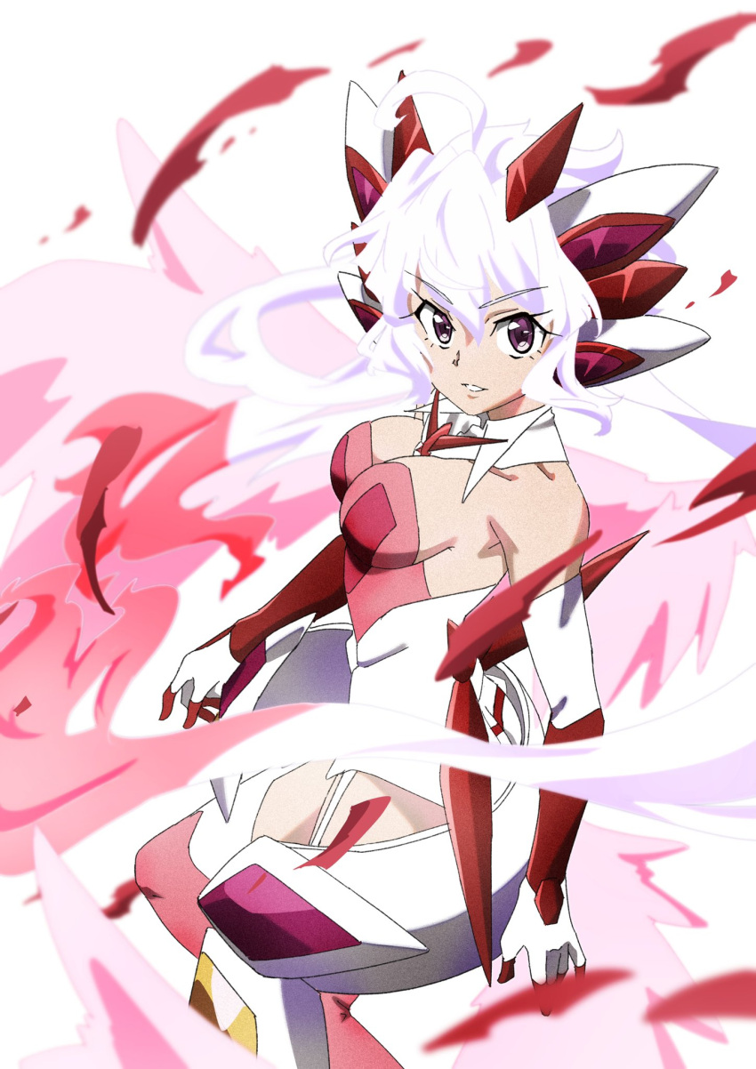 ahoge breasts detached_collar elbow_gloves film_grain gloves hair_between_eyes headgear highres keeemu_(gouf2016) leotard long_hair looking_at_viewer medium_breasts parted_lips purple_eyes senki_zesshou_symphogear symphogear_pendant very_long_hair white_background white_hair x-drive_(symphogear) yukine_chris