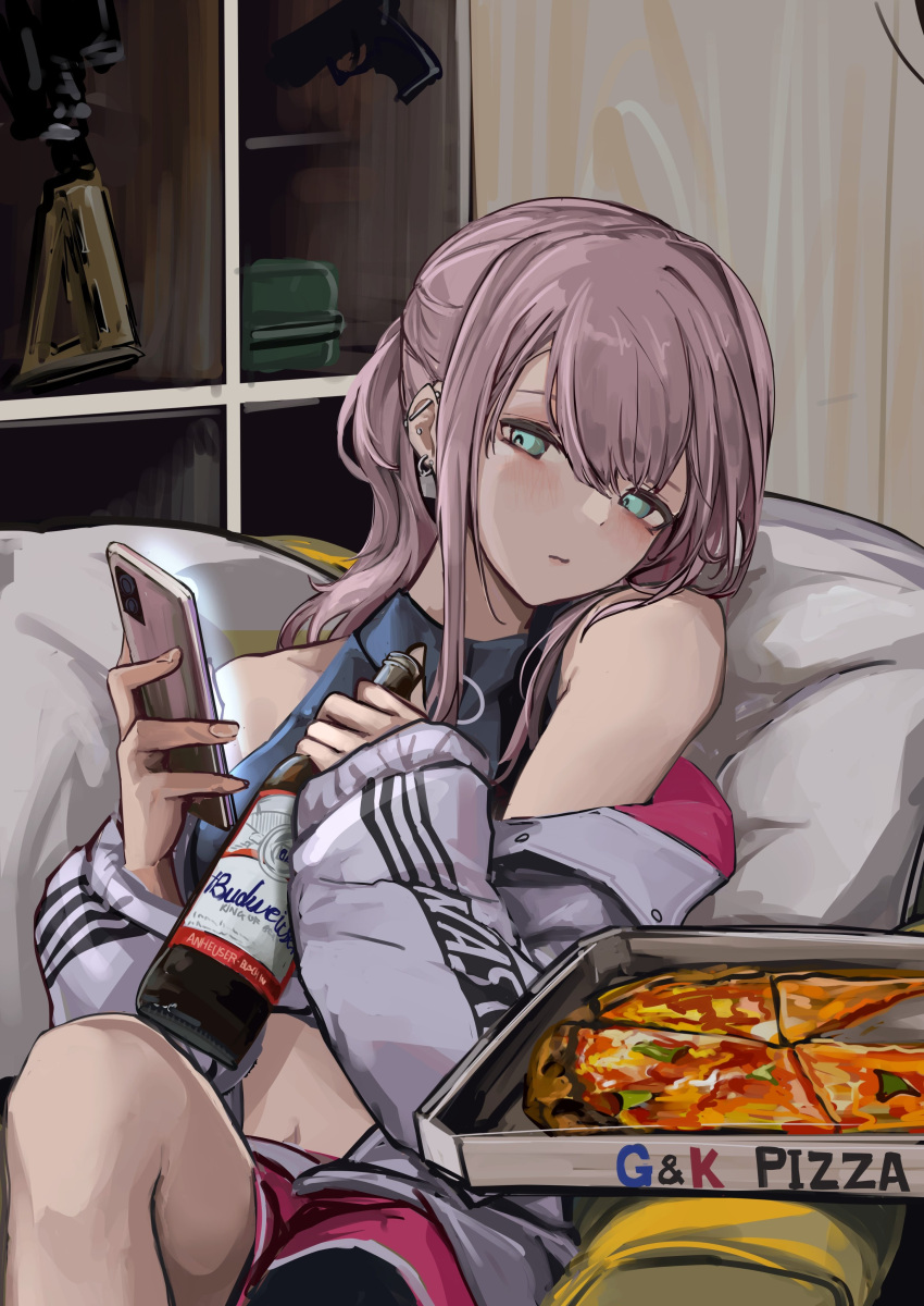absurdres ar-15 beer_bottle blue_eyes blue_shirt budweiser cellphone dolphin_shorts food girls'_frontline gun highres holding holding_phone jacket lithographica phone pink_shorts pizza pizza_box purple_hair rifle shirt shorts sketch smartphone st_ar-15_(girls'_frontline) weapon white_jacket