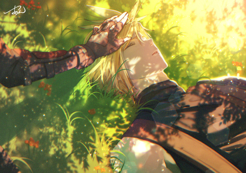 1boy 1girl armor black_gloves blonde_hair bracelet closed_eyes cloud_strife commentary_request dappled_sunlight final_fantasy final_fantasy_vii final_fantasy_vii_rebirth final_fantasy_vii_remake fingerless_gloves gloves grass hand_on_another's_head highres jewelry light_particles lying on_back on_grass outdoors parted_lips short_hair shoulder_armor signature single_arm_guard single_bare_shoulder sleeping sleeveless sleeveless_turtleneck spiked_hair sunlight suspenders sweater tifa_lockhart tsu-an turtleneck turtleneck_sweater upper_body