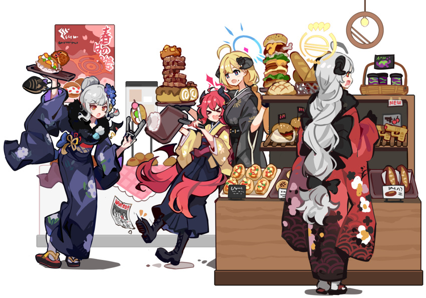 &gt;_&lt; 4girls ahoge akari_(new_year)_(blue_archive) black_footwear black_hakama black_horns black_kimono blonde_hair blue_archive blue_eyes blue_halo blush boots brown_wings cake commentary demon_horns demon_wings food gourmet_research_society_(blue_archive) grey_hair hakama halo haruna_(blue_archive) haruna_(new_year)_(blue_archive) highres horns ideolo izumi_(new_year)_(blue_archive) japanese_clothes junko_(blue_archive) junko_(new_year)_(blue_archive) kimono long_hair long_sleeves multiple_girls obi official_alternate_costume open_mouth purple_kimono red_eyes red_hair red_halo red_kimono sandals sash socks swiss_roll symbol-only_commentary tabi unfinished white_socks wide_sleeves wings yellow_halo yellow_kimono zouri