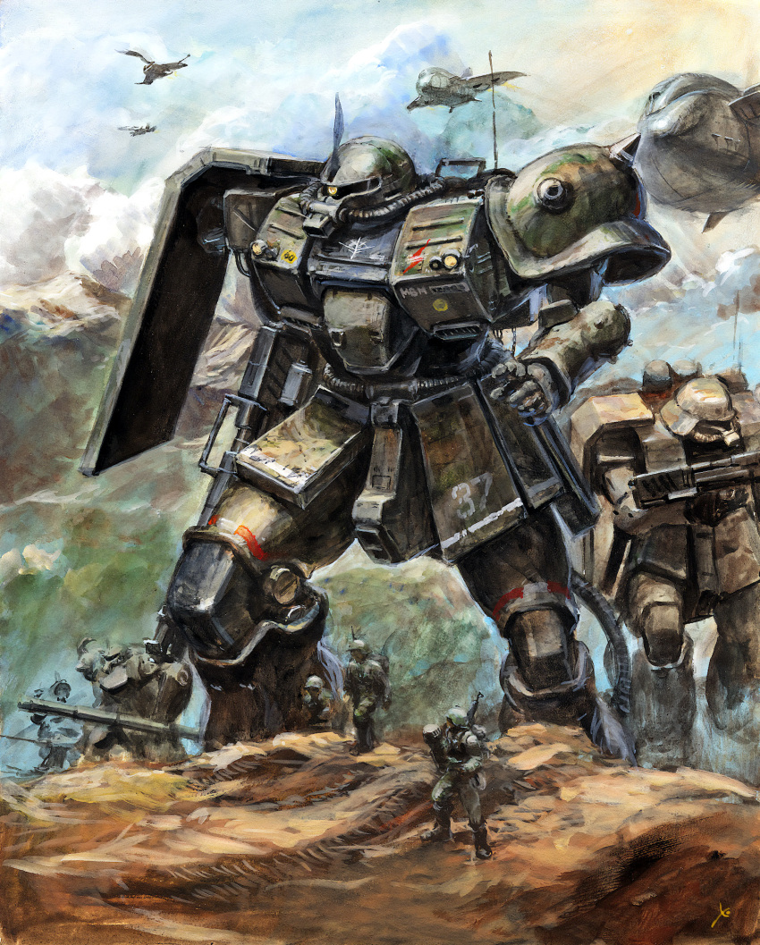 3boys black_footwear boots cloud cloudy_sky combat_helmet commentary_request day gaw gouf_custom green_jacket green_pants gun gundam gundam_0080 gundam_08th_ms_team helmet highres holding holding_gun holding_weapon horns jacket mecha mecha_focus mobile_suit mountain multiple_boys one-eyed outdoors painting_(medium) pants radio_antenna robot science_fiction shoulder_spikes single_horn sky soldier spacecraft spikes standing traditional_media walking watercolor_(medium) weapon yellow_eyes youkoumori zaku_ii_fz_kai zeon