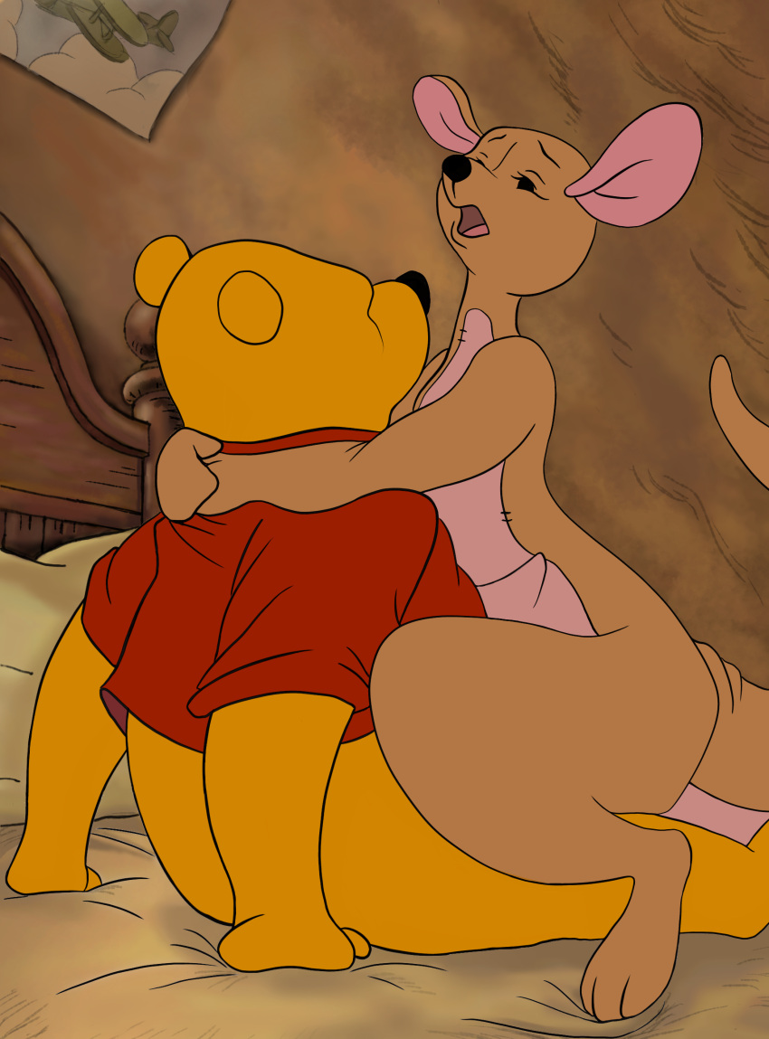 2021 absurd_res ambiguous_penetration animate_inanimate anthro bear bed bottomless brown_body brown_fur clothed clothing ddyyy151 digital_drawing_(artwork) digital_media_(artwork) disney duo embrace female female_on_top flat_colors fur furniture hi_res kanga kangaroo living_plushie looking_pleasured macropod male male/female mammal marsupial on_bed on_top open_mouth penetration plushie pooh_bear sex winnie_the_pooh_(franchise) yellow_body yellow_fur