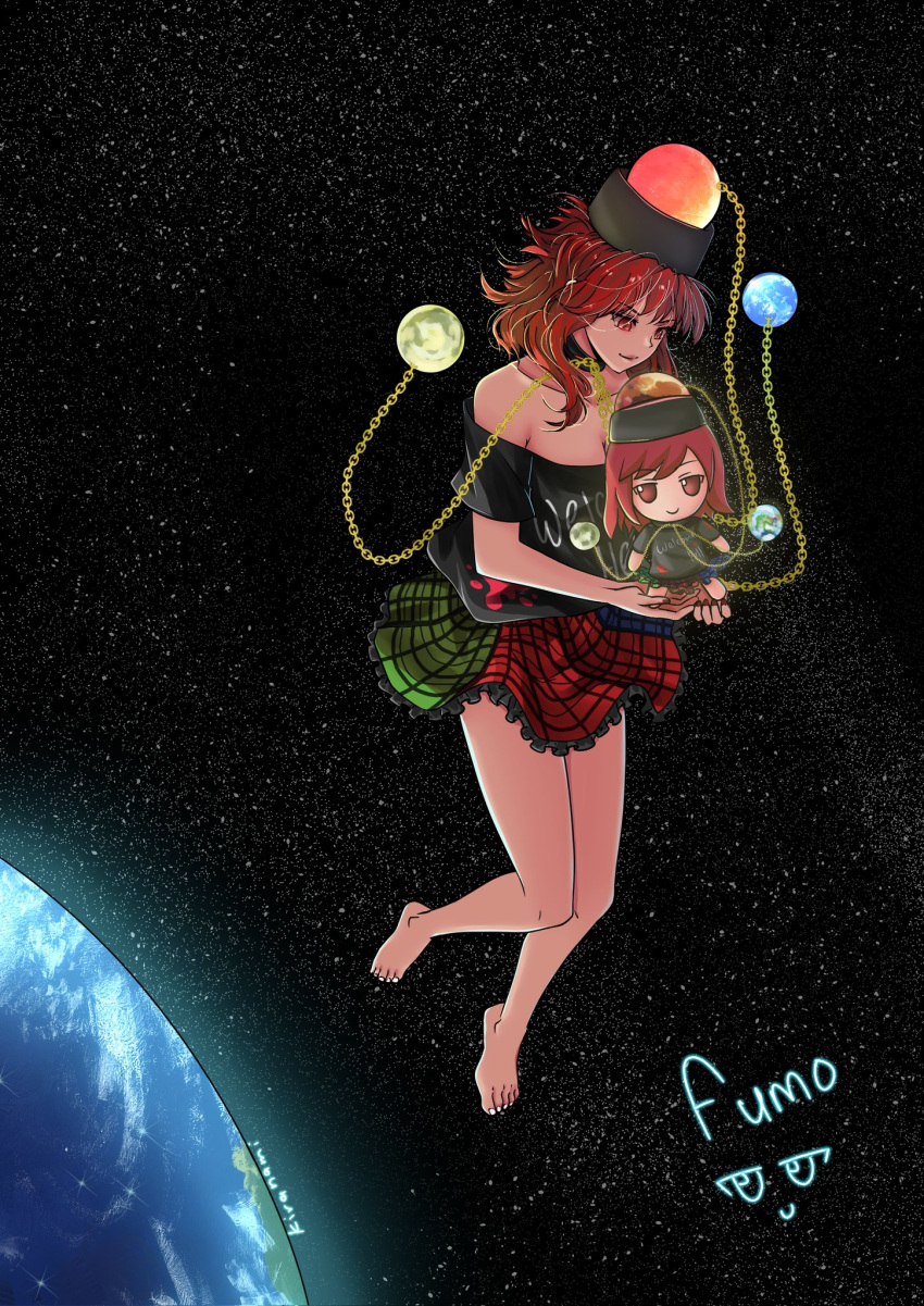 1girl barefoot black_shirt commentary earth_(ornament) english_commentary fumo_(doll) hecatia_lapislazuli highres kyoto_kiranami medium_hair moon_(ornament) multicolored_clothes multicolored_skirt off_shoulder outdoors plaid plaid_skirt red_eyes red_hair shirt short_hair short_sleeves skirt sky solo space star_(sky) starry_sky touhou