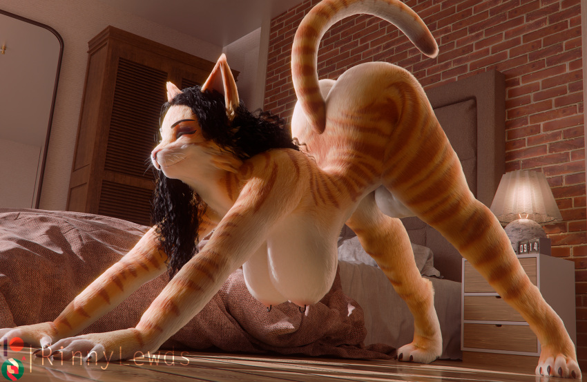 3d_(artwork) anthro areola ass_up balls bed biped bottomless breasts clothed clothing digital_media_(artwork) domestic_cat eyes_closed felid feline felis fur furniture genitals gynomorph hi_res intersex mammal nipple_piercing nipples nude piercing rinny rinny_(character) solo striped_body striped_fur stripes tabby_cat whiskers