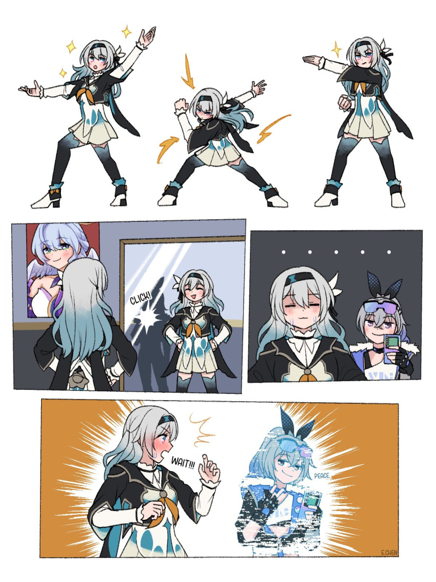 ... 2girls :d ^_^ bent_over black_choker black_gloves black_jacket black_thighhighs blush cameo cellphone chen_(somanychens) choker closed_eyes commentary cropped_jacket drill_hair drill_ponytail embarrassed english_commentary english_text eyewear_on_head fingerless_gloves firefly_(honkai:_star_rail) full_body fur-trimmed_jacket fur_trim gloves green_eyes grey_hair hair_between_eyes hairband hands_on_own_hips henshin_pose highres holding holding_phone honkai:_star_rail honkai_(series) jacket left-to-right_manga long_hair long_sleeves looking_at_viewer midriff mirror multiple_girls neckerchief open_clothes open_jacket orange_neckerchief outstretched_arms phone pleated_skirt ponytail posing poster_(object) purple_eyes robin_(honkai:_star_rail) sidelocks silver_wolf_(honkai:_star_rail) skirt smartphone smile smug sparkle spread_arms standing sunglasses sweatdrop taking_picture thighhighs tinted_eyewear v v-shaped_eyebrows white_skirt zettai_ryouiki
