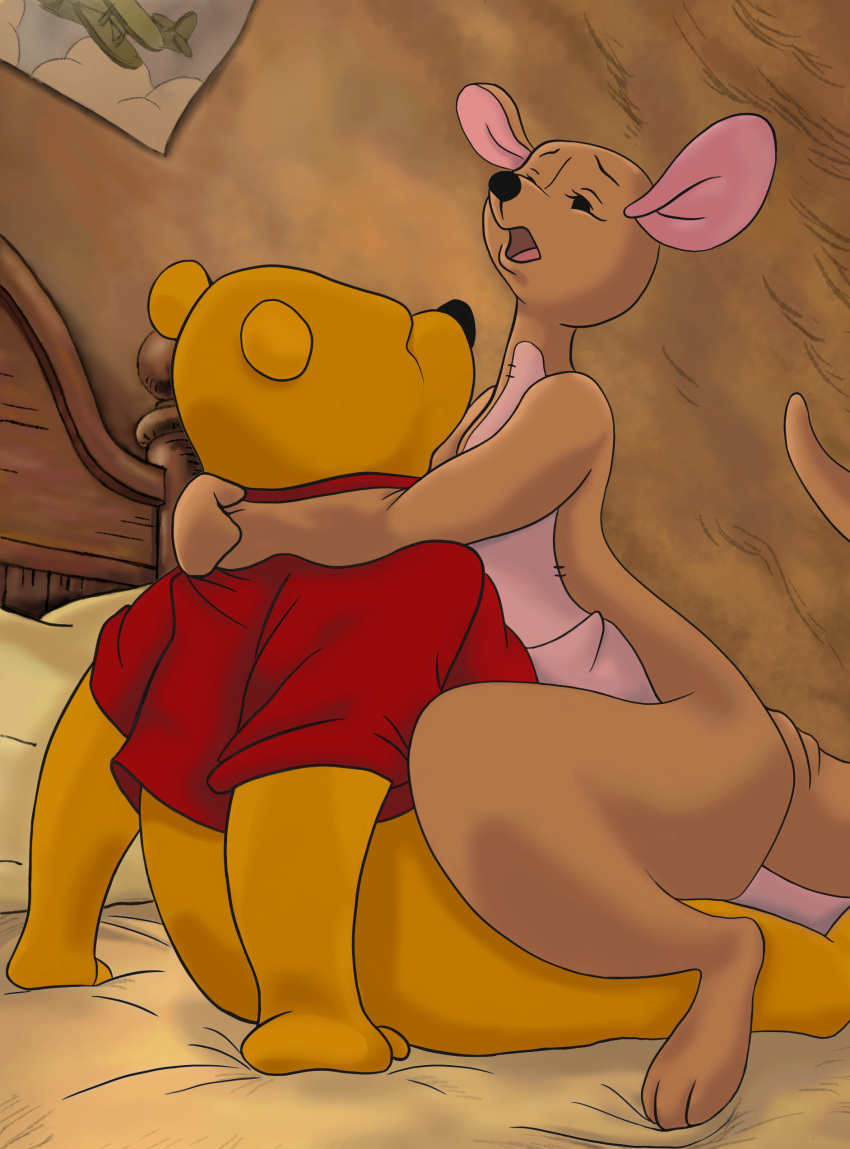 2021 absurd_res ambiguous_penetration animate_inanimate anthro bear bed bottomless brown_body brown_fur clothed clothing ddyyy151 digital_drawing_(artwork) digital_media_(artwork) disney duo embrace female female_on_top fur furniture hi_res kanga kangaroo living_plushie looking_pleasured macropod male male/female mammal marsupial on_bed on_top open_mouth penetration plushie pooh_bear sex shaded winnie_the_pooh_(franchise) yellow_body yellow_fur