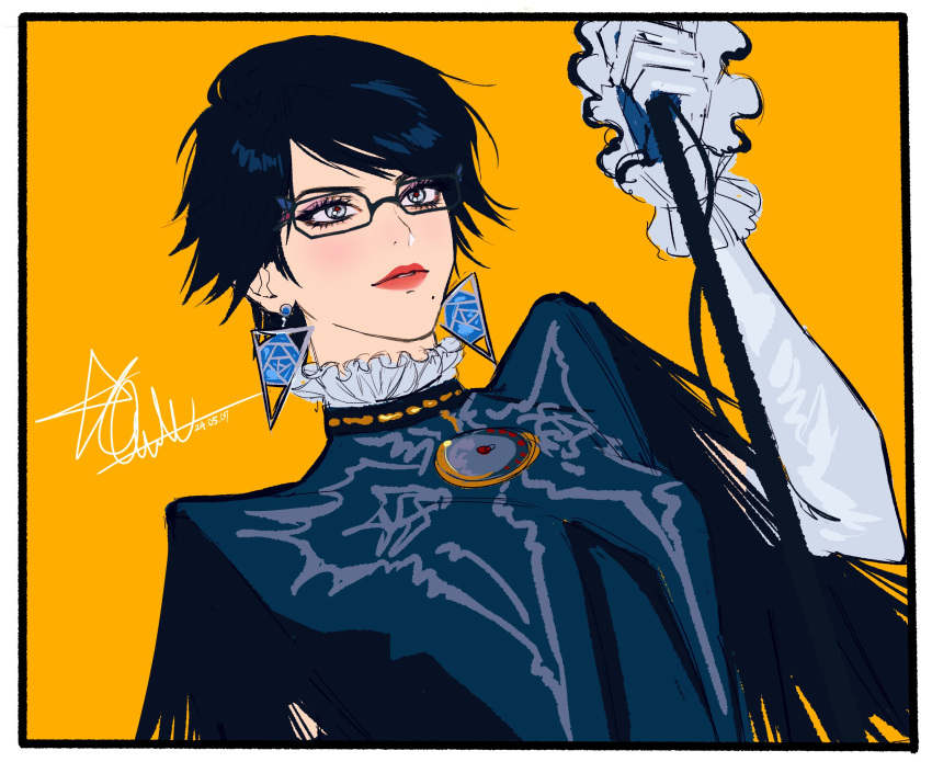 1girl amulet bayonetta bayonetta_(series) bayonetta_2 black_hair blue_eyes ch_sokai earrings glasses highres jewelry looking_to_the_side mole mole_under_mouth short_hair triangle_earrings