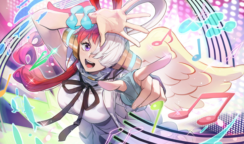 1girl :d absurdres behind-the-head_headphones black_ribbon dress fake_wings fingerless_gloves gloves hair_over_one_eye hair_rings headphones highres multicolored_hair musical_note no-kan one_eye_covered one_piece open_mouth pointing pointing_at_viewer purple_eyes red_hair ribbon smile solo split-color_hair staff_(music) two-tone_hair uta_(one_piece) white_dress white_hair wings