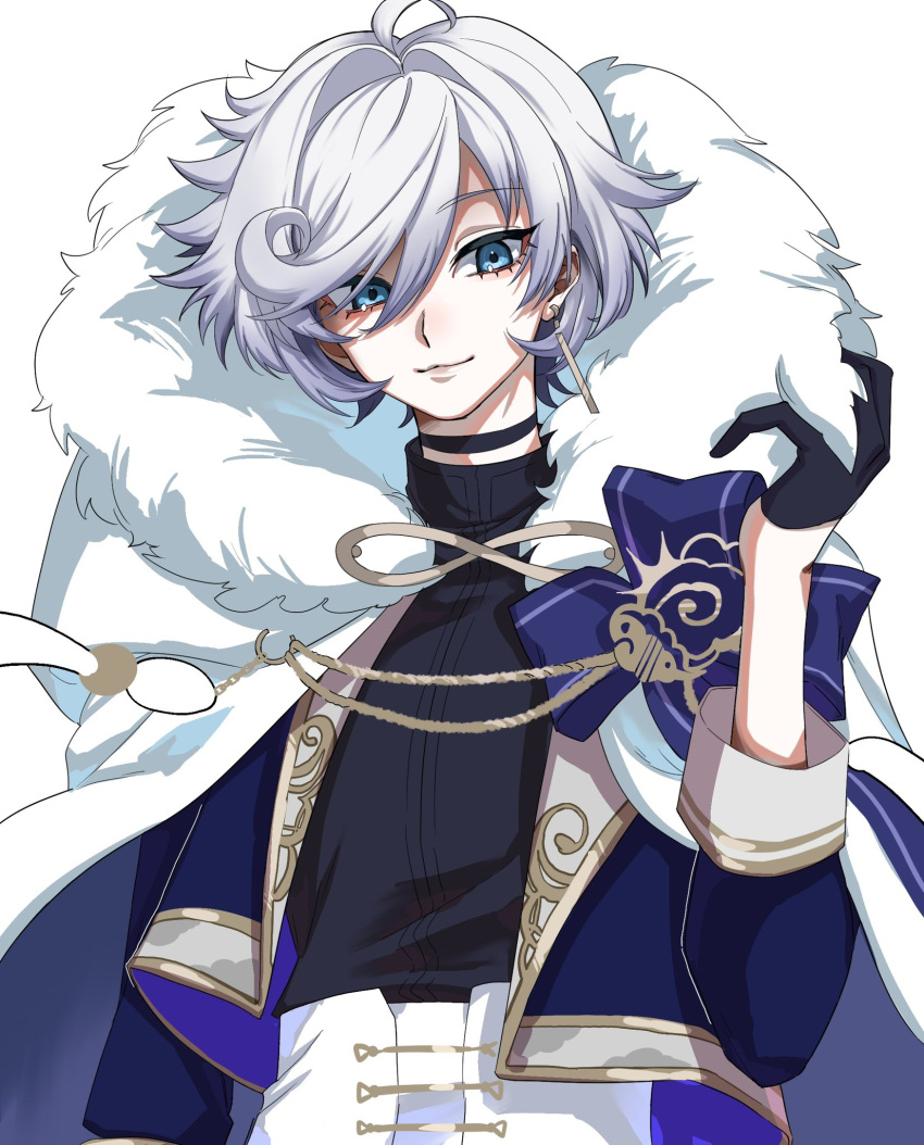 1boy ahoge aqua_eyes black_cape black_shirt blue_cape blue_jacket cape chakodaisuki0 cielomort_(fragaria_memories) closed_mouth corset dangle_earrings earrings fragaria_memories fur-trimmed_cape fur_trim grey_hair highres hood hood_down jacket jewelry looking_at_viewer male_focus multicolored_hair shirt short_hair smile solo white_corset white_hair