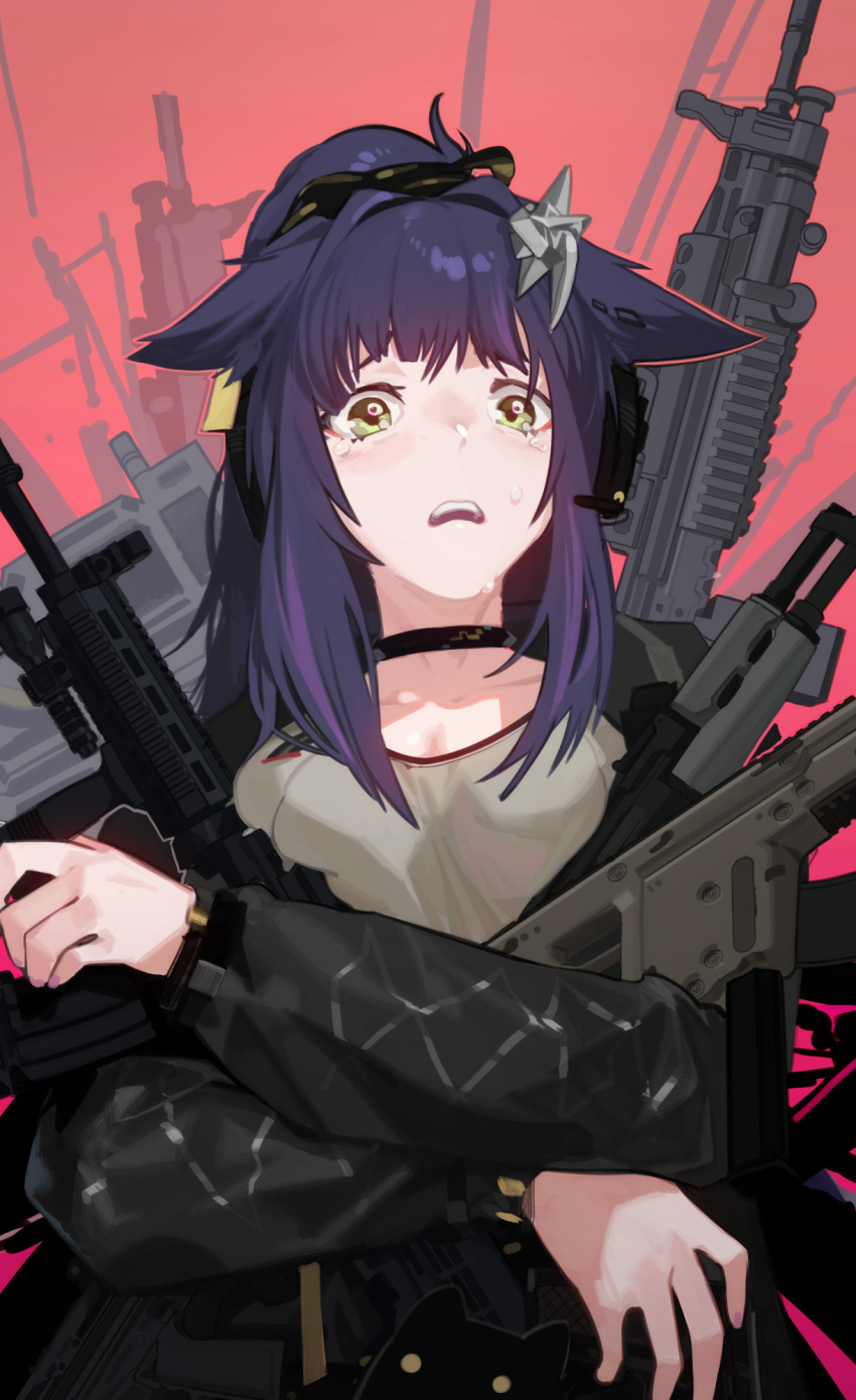 1girl arknights assault_rifle black_jacket breasts choker crying crying_with_eyes_open green_eyes grey_shirt gun hair_intakes headset highres holding holding_gun holding_weapon hugging_object jacket jessica_(arknights) jessica_the_liberated_(arknights) long_hair long_sleeves looking_at_viewer open_mouth pink_background ponytail purple_hair raised_eyebrows raneblu rifle shirt small_breasts solo submachine_gun tears upper_body weapon