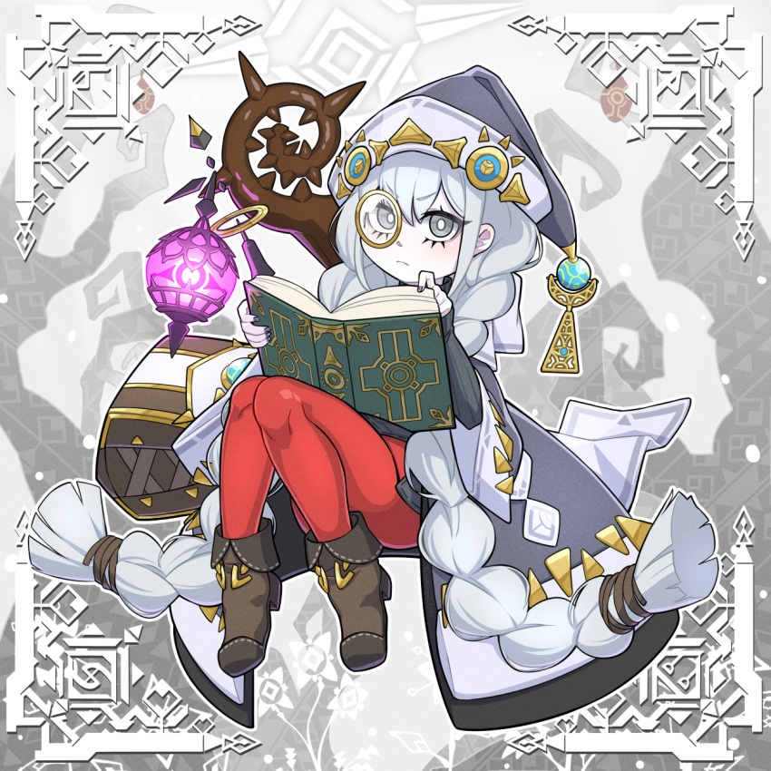 1girl asteria_of_the_white_woods black_coat black_hat black_sweater coat diabellstar_the_black_witch duel_monster full_body grey_eyes grey_hair hat highres hood hooded_coat long_hair monocle pantyhose reading red_pantyhose solo standing sweater very_long_hair witch_hat yata_masahara yu-gi-oh!