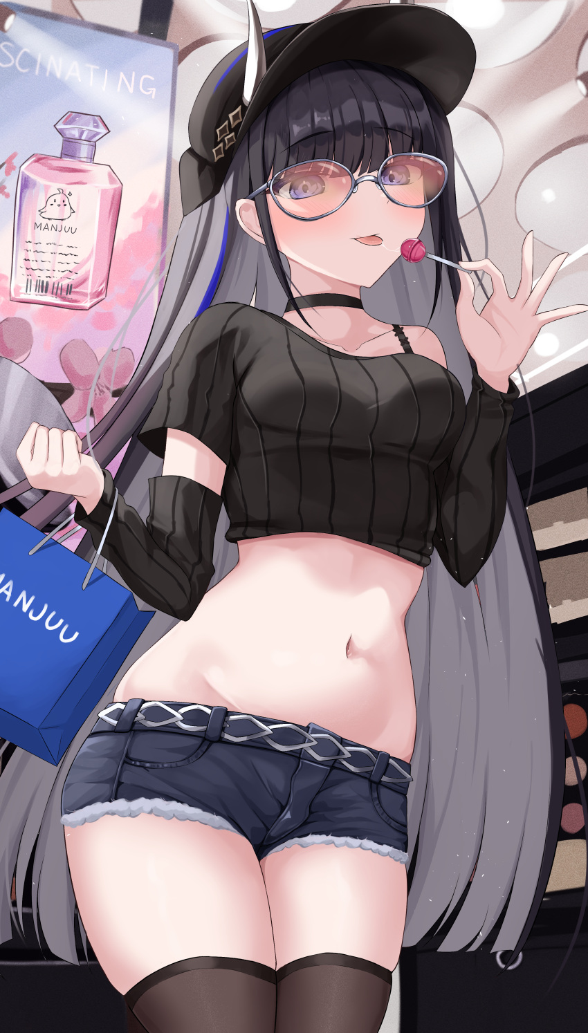 1girl absurdres azur_lane bag black_hair black_shorts blush breasts candy cowboy_shot crop_top demon_girl demon_horns detached_sleeves eating food from_below groin hands_up happy hat highres hip_focus holding holding_candy holding_food holding_lollipop horns horns_through_headwear kuon_(kuon) lollipop long_hair looking_at_viewer looking_down medium_breasts micro_shorts midriff navel noshiro_(azur_lane) noshiro_(dressed-up_date)_(azur_lane) oni purple_eyes shopping shopping_bag short_shorts shorts single_bare_shoulder skindentation small_breasts smile solo stomach sunglasses thighhighs thighs tongue tongue_out torn_clothes torn_shorts very_long_hair