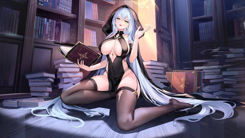 1girl absurdly_long_hair arkhangelsk_(azur_lane) azur_lane bare_shoulders black_dress black_gloves black_thighhighs blue_hair blush book bookshelf breast_curtains breasts china_dress chinese_clothes cleavage dress feet footwear full_body gloves hair_between_eyes high_heels highres holding indoors jewelry large_breasts library lingerie long_hair looking_at_viewer magic no_bra non-web_source open_mouth pelvic_curtain shoes sitting smile solo thighhighs thighs underwear very_long_hair white_hair window yellow_eyes