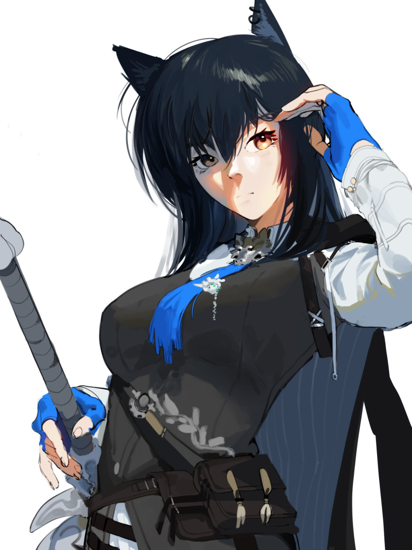 1girl animal_ears arknights ascot black_hair black_vest blue_ascot blue_gloves breasts closed_mouth collared_shirt ear_piercing expressionless fingerless_gloves gloves hand_up highres jacket jacket_on_shoulders long_hair looking_at_viewer medium_breasts piercing pouch raneblu shirt simple_background solo sword texas_(arknights) texas_the_omertosa_(arknights) tucking_hair upper_body vest weapon white_background white_shirt wolf_ears yellow_eyes