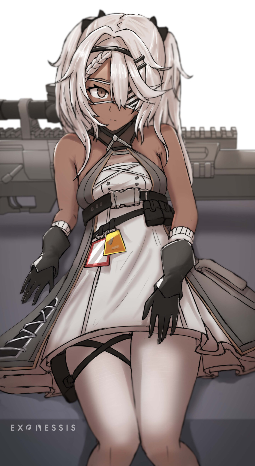 1girl absurdres anti-materiel_rifle bare_shoulders black_gloves bolt_action breasts brown_eyes dark-skinned_female dark_skin dress exonessis eyepatch girls'_frontline gloves gun hair_intakes hairband highres hs.50_(girls'_frontline) long_hair looking_at_viewer medical_eyepatch pantyhose rifle sitting small_breasts sniper_rifle solo steyr_hs_.50 twintails weapon white_hair white_pantyhose