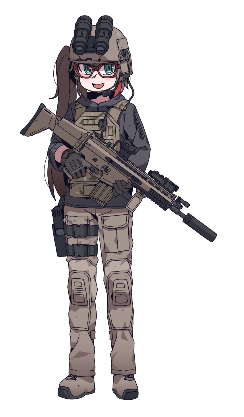 1girl black_jacket blue_eyes boots brown_footwear brown_hair brown_pants bulletproof_vest camouflage combat_helmet commission ear_protection finger_on_trigger fn_scar_17 glasses glock gloves gun handgun helmet highres holster jacket karepack laser_sight long_hair long_sleeves looking_at_viewer microphone multicolored_hair night_vision_device non-web_source open_mouth optical_sight original pants ponytail red-framed_eyewear smile solo streaked_hair suppressor thigh_holster transparent_background vertical_foregrip weapon