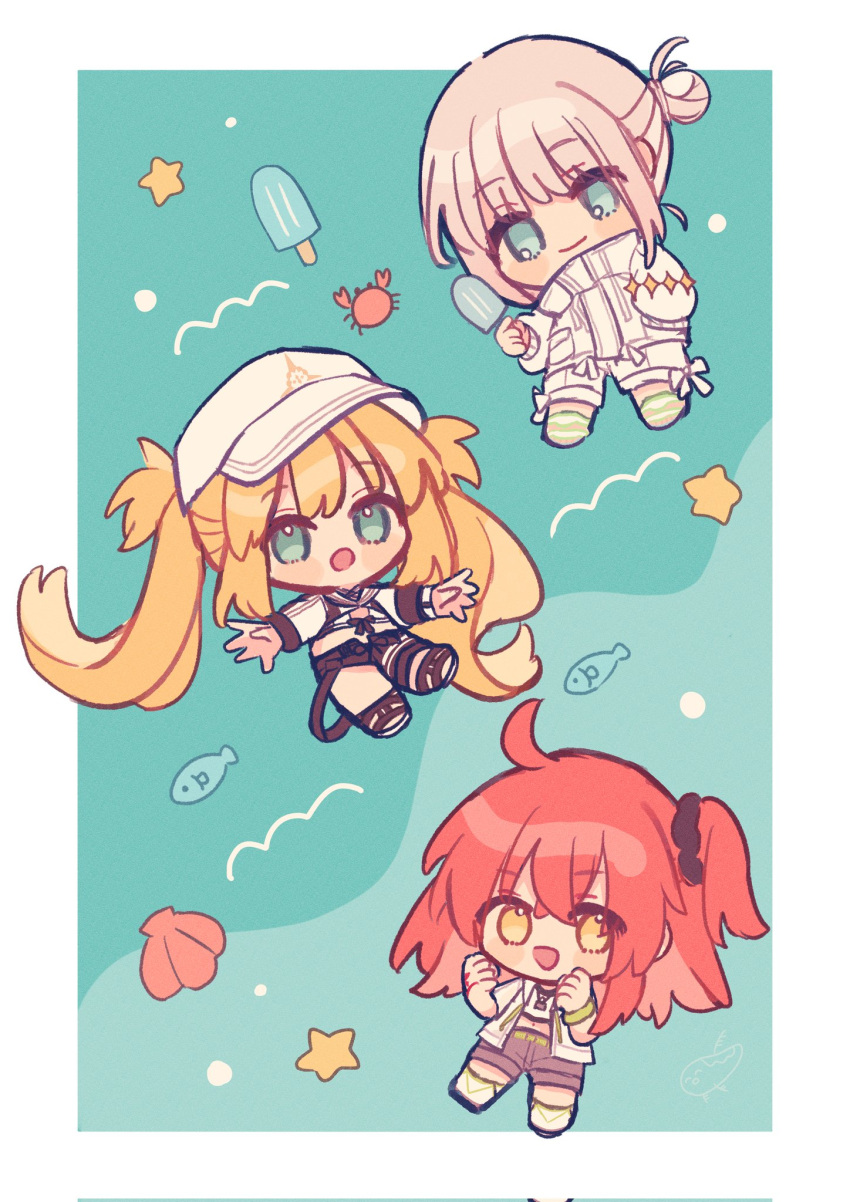 1boy 2girls :d ahoge artoria_caster_(fate) artoria_caster_(swimsuit)_(fate) artoria_caster_(swimsuit)_(first_ascension)_(fate) artoria_pendragon_(fate) baseball_cap black_scrunchie blonde_hair blue_eyes blush border bracelet chibi closed_mouth command_spell commentary crab fate/grand_order fate_(series) fish food fujimaru_ritsuka_(female) full_body green_eyes grey_hair grey_shorts hair_between_eyes hair_bun hair_ornament hair_scrunchie hand_in_pocket hand_up hands_up hat highres holding holding_food holding_popsicle jacket jewelry koromo_(osakana0525) long_hair long_sleeves looking_at_viewer medium_hair multiple_girls oberon_(fate) oberon_(refreshing_summer_prince)_(fate) official_alternate_costume one_side_up open_clothes open_jacket open_mouth orange_hair outside_border outstretched_arms popsicle scrunchie seashell shell shirt short_hair shorts single_hair_bun smile star_(symbol) symbol-only_commentary twintails water white_border white_jacket white_shirt white_shorts yellow_eyes