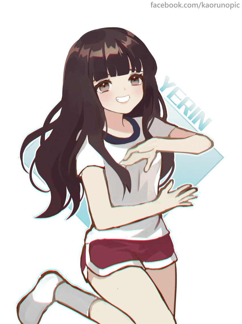 1girl absurdres animification blunt_bangs brown_eyes brown_hair character_name chinese_commentary commentary facebook_username gfriend highres k-pop kaoruru_(sakuno2911) leg_up long_hair looking_at_viewer real_life shirt short_shorts shorts smile solo t-shirt white_footwear white_shirt yerin_(gfriend)