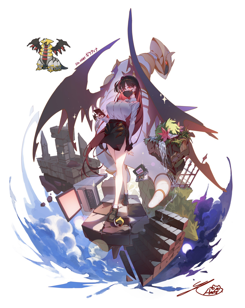 1girl absurdres black_footwear black_hair black_skirt black_wings breasts cellphone collared_shirt colored_inner_hair crossed_legs earrings fence floating_rock full_body giratina giratina_(altered) glowing glowing_eyes hair_intakes highres holding holding_phone huge_breasts hxxg iron_fence jewelry keyboard_(computer) looking_at_viewer mask monitor mouth_mask multicolored_hair nintendo_2ds pencil_skirt personification phone poke_ball pokemon red_eyes red_hair reference_inset ruins shaymin shirt side_slit signature skirt sleeping smartphone socks stairs standing streaked_hair tile_floor tiles tree ultra_ball water waterfall watson_cross white_background white_shirt white_socks wings