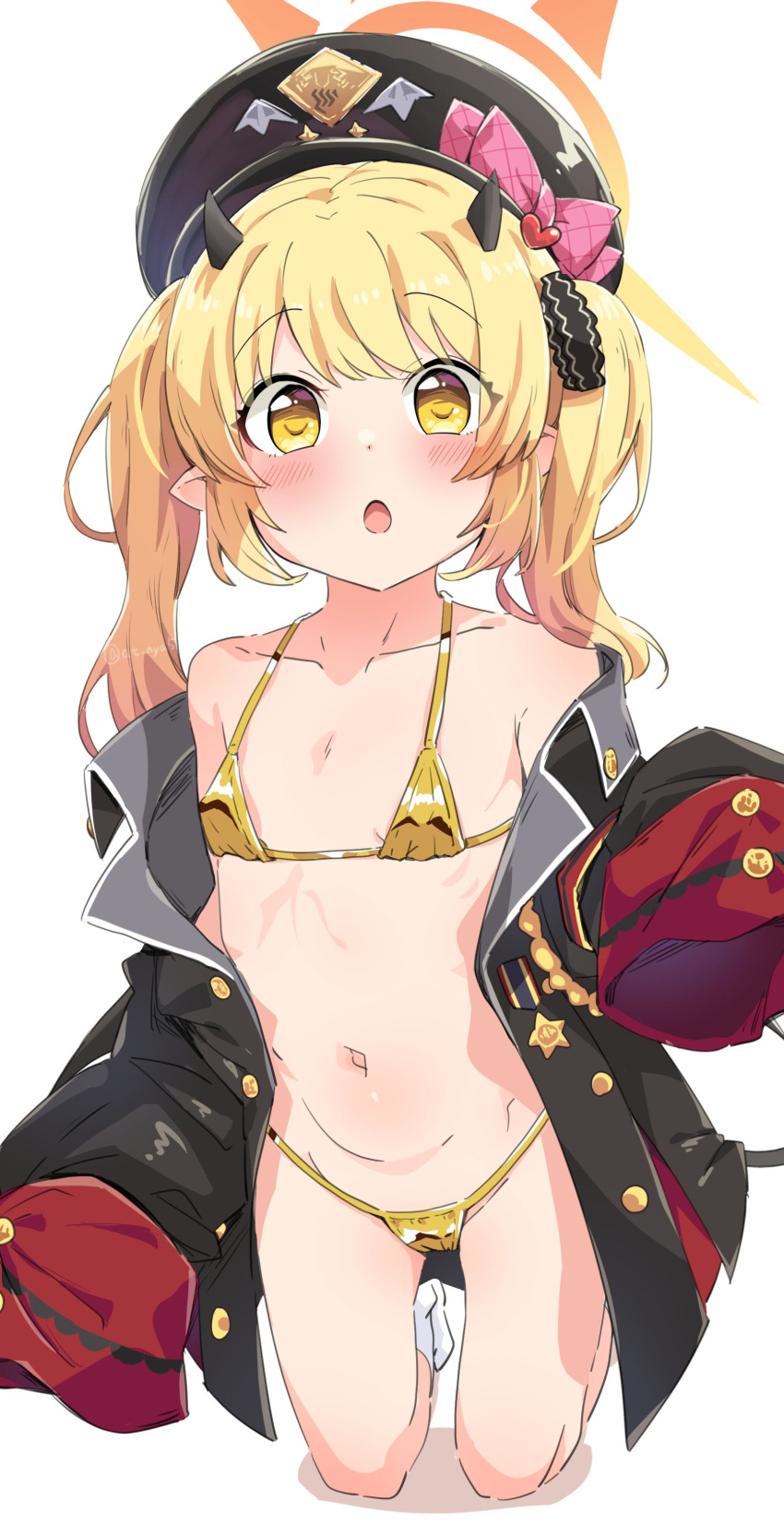 1girl absurdres armband bikini black_horns black_tail blonde_hair blue_archive blush bow collarbone demon_horns flat_chest gold_bikini halo hat highres horns ibuki_(blue_archive) long_hair long_sleeves looking_at_viewer military_uniform okura-chan_(at_nya5) open_mouth peaked_cap pink_bow pointy_ears red_armband sleeves_past_fingers sleeves_past_wrists socks solo swimsuit tail uniform white_socks yellow_eyes yellow_halo