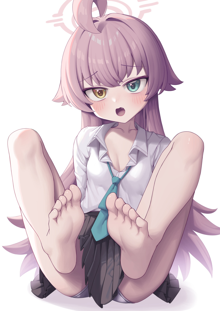 1girl absurdres ahoge barefoot black_skirt blue_archive blue_eyes blue_necktie collared_shirt fang feet foot_focus heterochromia highres hoshino_(blue_archive) long_hair long_sleeves looking_at_viewer metaljelly necktie pink_hair pleated_skirt revision shirt simple_background skirt soles solo toes white_background white_shirt yellow_eyes
