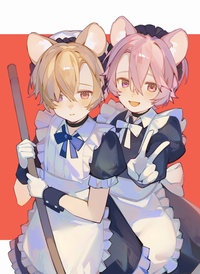 2boys animal_ears apron black_choker blue_bow blue_bowtie bow bowtie broom child choker cowboy_shot crossdressing frills from_above gloves hair_between_eyes highres holding holding_broom maid maid_apron maid_headdress male_focus male_maid multiple_boys open_mouth orange_background original parted_bangs parted_lips pink_eyes pink_hair ribbon short_hair simple_background smile v white_bow white_bowtie white_gloves wrist_cuffs yuumii_0120